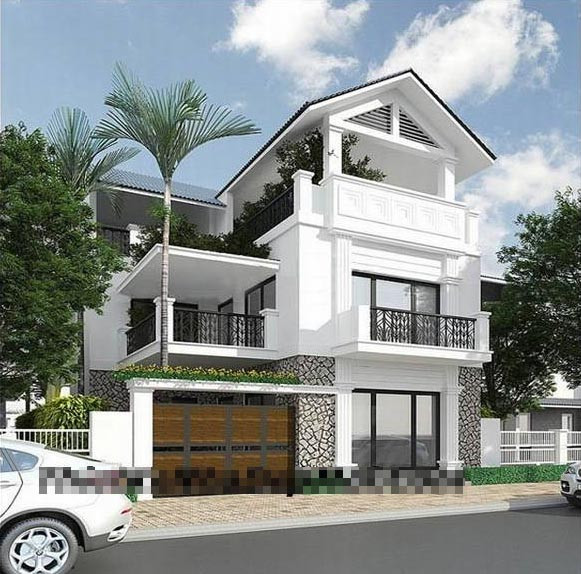 Đây là một kiểu thiết kế nhà 3 tầng đẹp cải tiến, có thêm một phần diện tích xây dựng góc chữ L tăng thêm không gian mặt bằng sử dụng. Sân trước tạo ra mặt bằng 2 góc trong lấy ánh sáng đưa từ mặt tiền vào bên trong. Ảnh: Thietkenhadepmoi.