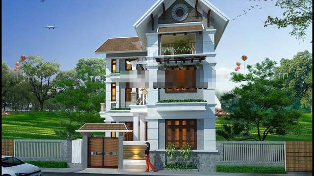 Mẫu nhà mái thái 3 tầng kiến trúc hình chữ L truyền thống thanh tao, thoáng mát. Ảnh: Thietkenhadepmoi.