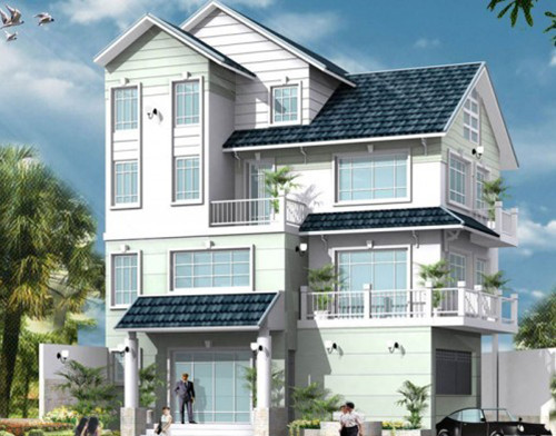 Biệt thự 3 tầng 2 mặt tiền mái thái được thiết kế một mặt là cửa chính, một mặt là khu vực cửa đi vào gara. Ảnh: Thietkethicongnhadep.