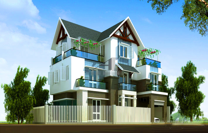 Hàng rào trắng đơn giản, lan can kính ở các tầng và thiết kế sọc ngang là điểm nhấn của ngôi biệt thự mini 2 mặt tiền. Ảnh: Kientrucae.