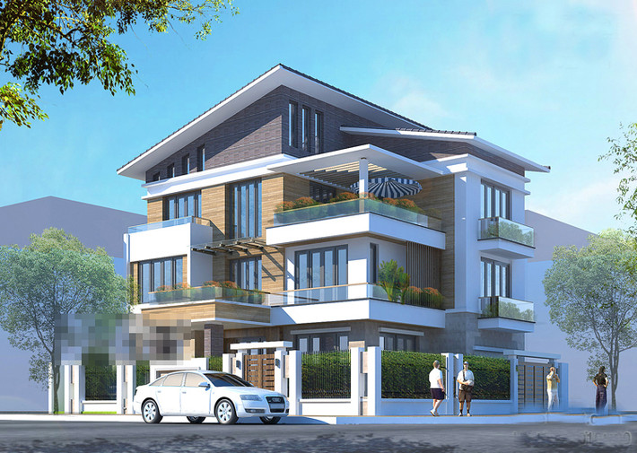 Biệt thự 3 tầng được thiết kế mái lệch với không gian rộng rãi 200m2. Ảnh: Betaviet.