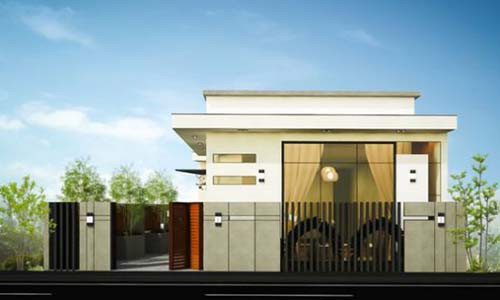 Kiểu nhà mái bằng với điểm nhấn là cửa bằng kính luôn tạo sự thông thoáng và lấy ánh sáng mỗi ngày. Ảnh: Kientrucnhapho.