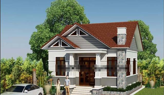 Nhà 1 tầng diện tích 75m2, chia làm 2 phòng ngủ, có tiền sảnh, xung quanh có nhiều cửa sổ thông thoáng. Mái lợp tôn giả thái giúp tiết kiệm chi phí. Ảnh: Thietkenhadepmoi.