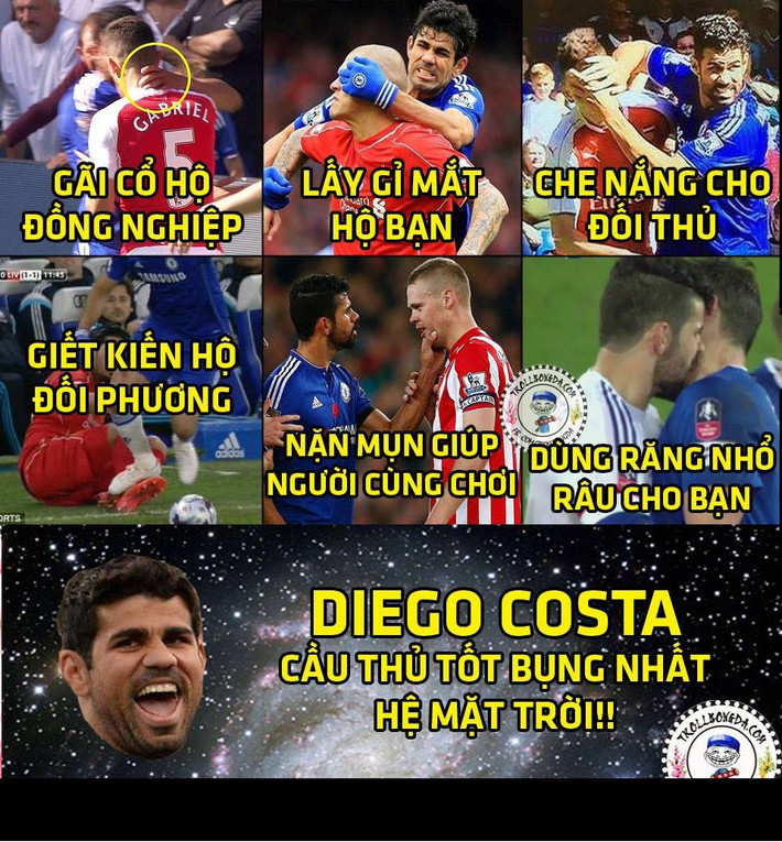Diego Costa xứng đáng được phong danh hiệu cầu thủ tốt bụng nhất hệ mặt trời bởi những hành động mà anh đã giúp các đối thủ.