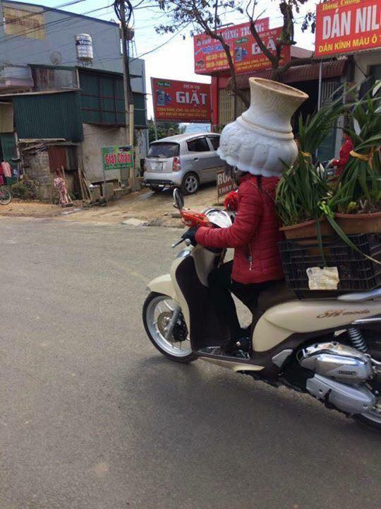 Công dụng của những chiếc mũ bảo hiểm là nhằm bảo vệ an toàn cho người tham gia giao thông. Tuy nhiên trong tình huống cấp bách, nhiều lái xe đã biến những cái "không thể thành có thể". Mới đây, trên mạng xã hội lan truyền hình ảnh một người phụ nữ dùng chiếc chậu hoa để thay thế mũ bảo hiểm lưu thông trên đường phố Việt. Cảnh tượng khiến dân mạng phải "ngã ngửa", không tin vào mắt mình.