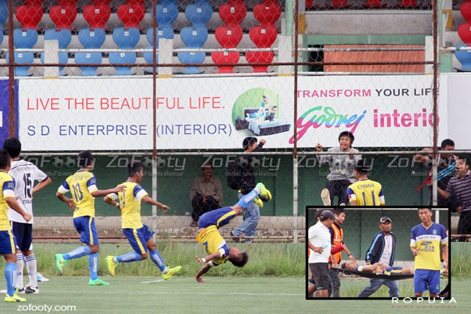 Peter Biaksangzuala sau khi nhảy santo ăn mừng trong trận đấu giữa Bethlehem Vengthlang và Chanmari West FC thuộc giải VĐQG Ấn Độ đã tử nạn. Do tiếp đất không tốt nên cổ của Peter giáng thẳng xuống đất.