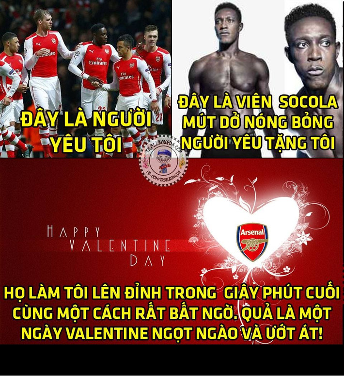 Ảnh chế bóng đá cuối tuần qua cũng xoay quanh trận đấu tranh ngôi đầu bảng tại giữa Arsenal và Leicester City. Nơi mà Welbeck đã tặng cho các fan của "pháo thủ thành London" một món quà Valentine vô cùng ngọt ngào là một chiến thắng.