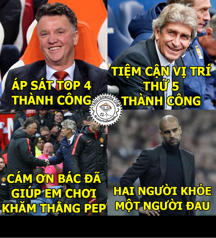 Ảnh chế bóng đá đã quay trở lại với vô vàn sự kiện, đặc biệt là việc Van Gaal và Manuel Pellegrini cùng nhau bắt tay chơi khăm tân HLV của Man City mùa sau là Pep Guardiola. Ảnh dùng trong bài: Trollbongda.