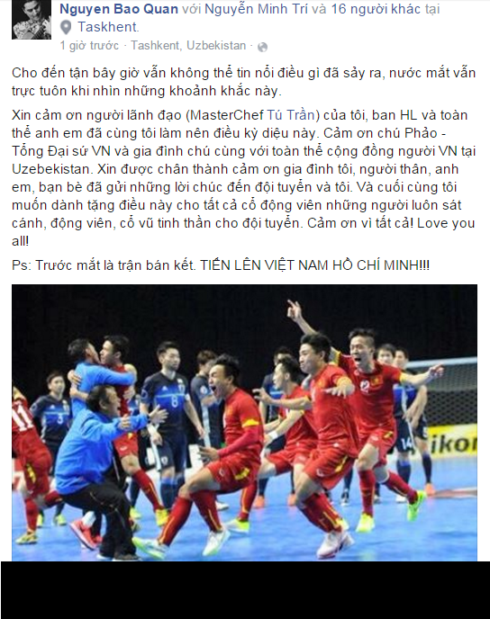 Bên cạnh đó, đội trưởng của ĐT Futsal Việt Nam là Nguyễn Quân Bảo đã gửi lời cảm ơn đến BHL cũng như NHM quê nhà.