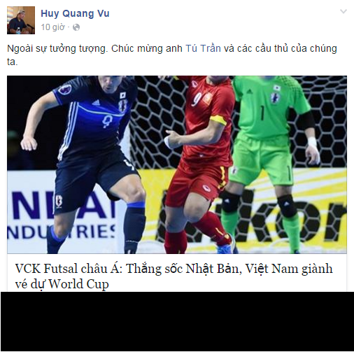BLV Vũ Quang Huy thì bình luận ngắn gọn nhưng đầy súc tích khi chia sẻ đây là một điều ngoài sức tưởng tượng và không quên cảm ơn ‘ông bầu’ Trần Anh Tú và các cầu thủ futsal Việt Nam.