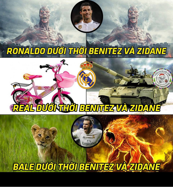 Dù dưới thời HLV nào của Real Madrid, Cris Ronaldo vẫn là kẻ hủy diệt. Nhưng Bale lại khác. Chính vì vậy cư dân mạng đã đưa ra bức ảnh chế, cầu thủ người xứ Wales này từ chú sư tử non trong triều đại Benitez hóa mãnh thú dưới bàn tay của Zidane.