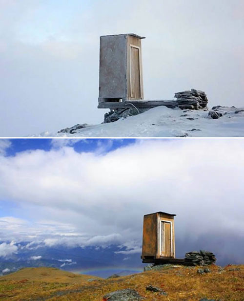 Nhà vệ sinh duy nhất tại trạm khí tượng Kara-Tyurek, Siberia được đặt nhô ra khỏi sườn đá cao 2600 mét so với mực nước biển. Đây được xem là nhà vệ sinh “khắc nghiệt” nhất thế giới, và chỉ nhằm phục vụ duy nhất một nhân viên leo lên thu thập dữ liệu thời tiết mỗi tháng một lần. Được biết, nhà vệ sinh này được xây từ năm 1939.