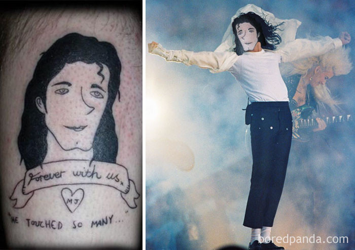 Ngay như nhân vật nổi tiếng Michael Jackson cũng bị làm xấu đi rất nhiều bởi những nghệ sĩ xăm không chuyên. Ảnh: Boredpanda.