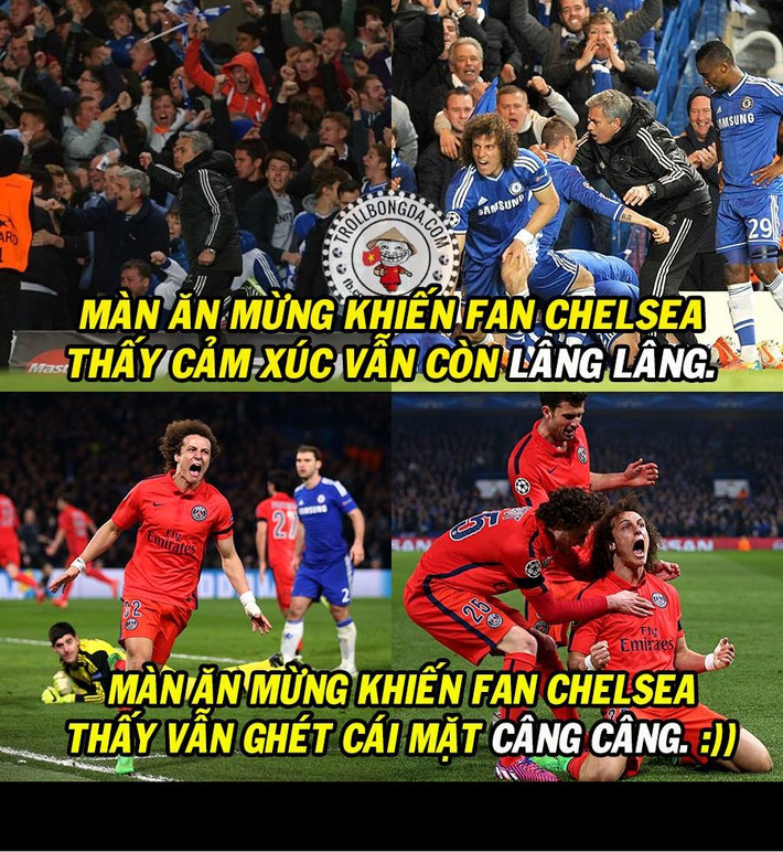 Bức ảnh chế cảm xúc của CĐV Chelsea khi chứng kiến David Luiz ăn mừng ở hai thái cực hoàn toàn khác nhau được cư dân mạng rất chú ý.