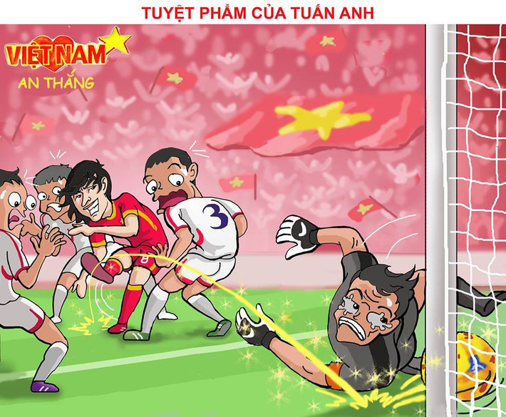 Tuấn Anh cũng không phải dạng vừa khi "vẽ" đường cong tuyệt mỹ khiến thủ thành của CHDCND Triều Tiên phải vào lưới nhặt bóng.