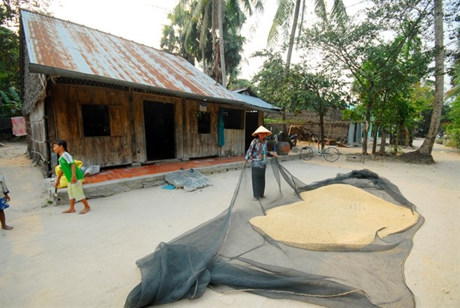 Nhà mái tôn, vách lá, cửa gỗ thông dụng ở làng quê.