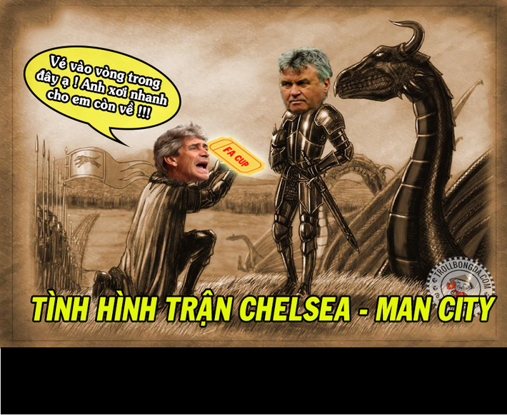 Mới đây, cư dân mạng chế ảnh HLV Manuel Pellegrini của Man City đã phải quỳ gối dâng chiếc vé vào vào vòng trong FA Cup cho Chelsea.
