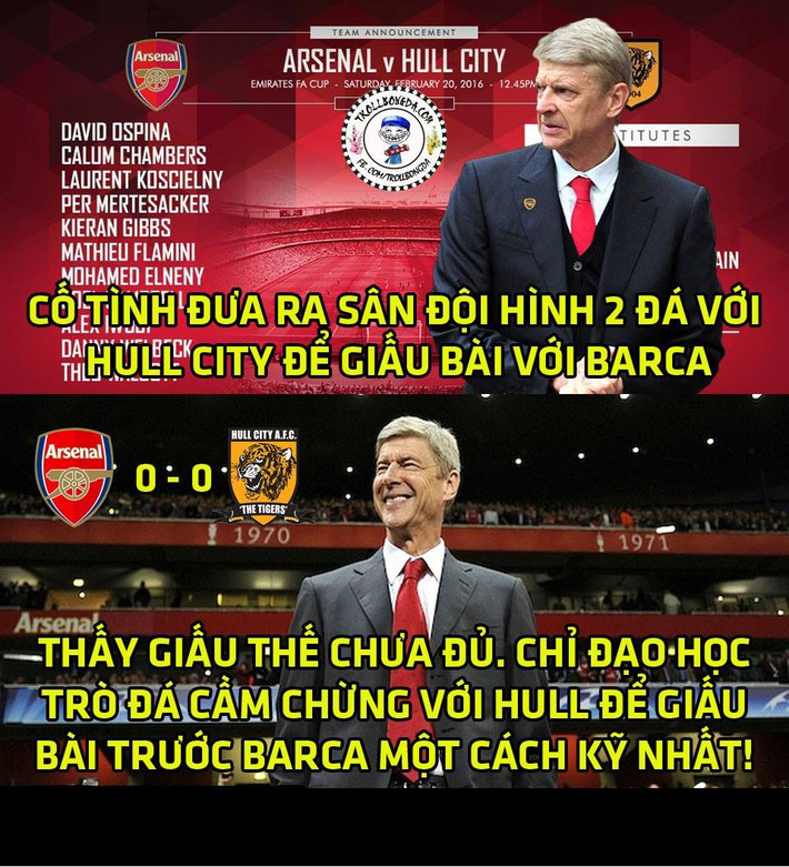 HLV Wenger của Arsenal đã tính rất xa khi cho các cầu thủ đá vật vờ trong trận gặp Hull City để giấu bài trước Barca trong trận đấu tới tại Champion League.