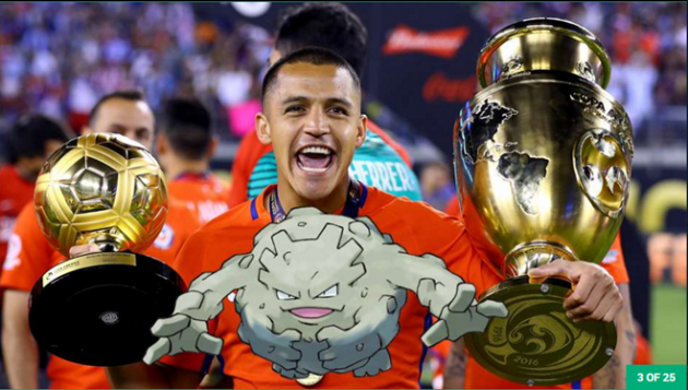 Cơ bắp khủng cùng khuôn mặt khá ngầu, Alexis Sanchez được liên tưởng tới Braveler (một Pokemon siêu mạnh).