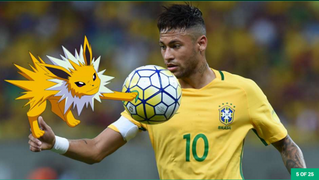 Neymar là một ngôi sao bóng đá ưa thích chải chuốt và anh được so sánh với Jolteon, chú Pokemon có ngoại hình đẹp. Bên cạnh đó, Jolteon cũng là một linh thú có màu vàng và có bộ lông lúc nào cũng dựng đứng sắc bén như kim loại.