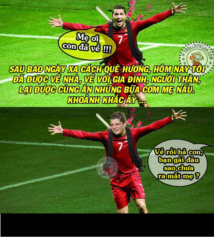 Cư dân mạng chế ảnh sau một năm miệt mài thi đấu, Cris Ronaldo đã về nhà ăn Tết với gia đình. Thế nhưng câu hỏi của người thân khiến siêu sao người Bồ Đào Nha này bật khóc.