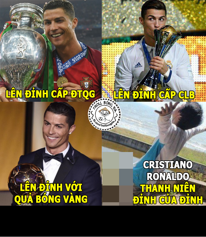 Năm 2016 được đánh giá là một năm vô cùng thành công của cá nhân của siêu sao Cris Ronaldo. Anh đã lên đỉnh vinh quang cùng với ĐTQG Bồ Đào Nha và CLB Real Madrid. Mới đây, anh cũng thêm vào kho danh hiệu của mình một Quả bóng vàng thế giới nữa. Chính vì vậy, cư dân mạng đã phong cho Ronaldo trong bức ảnh chế bóng đá là "thanh niên lên đỉnh của năm".