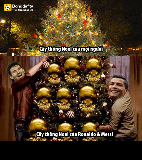 Với Quả bóng vàng vừa dành được, cư dân mạng đã chế ảnh Cris Ronaldo trang trí cây thông nhà mình bằng chính danh hiệu cao quý này.