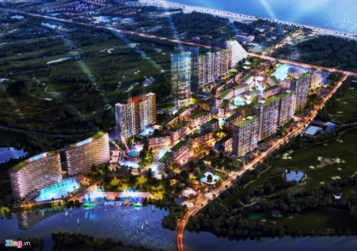 Phác thảo siêu tổ hợp giải trí và du lịch nghỉ dưỡng Cocobay. Theo chủ đầu tư, giai đoạn I dự kiến khai trương trước tháng 11 năm nay, gồm Coco Squar được đơn vị này quảng cáo là quảng trường du lịch lớn và nhiều dịch vụ nghỉ dưỡng nhất Việt Nam...