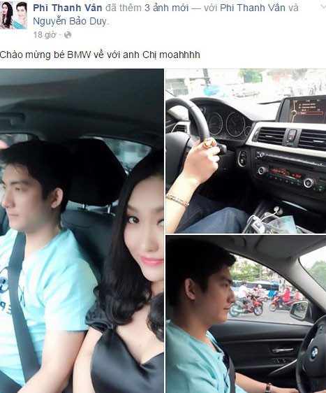 Ngoài nhà, cửa hàng kinh doanh, mới đây, vợ chồng Phi Thanh Vân khoe chiếc BMW mới tậu trị giá hàng tỷ đồng. Trước đó, vợ chồng cô đã bán chiếc xe Mercedes-Benz C200 cũ.