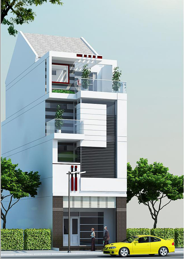 Nhà phố 3 tầng ấn tượng với gam màu trắng tinh tế. Thiết kế đơn giản nhưng vẫn toát lên được vẻ đẹp cuốn hút người xem. Ảnh: Thietkexaynha.