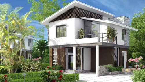Thiết kế nhà vườn 2 tầng nhỏ gọn, phong cách hiện đại với sự kết hợp hài hòa giữa gam màu trắng và nâu trầm. Ảnh: Datbinhduong.
