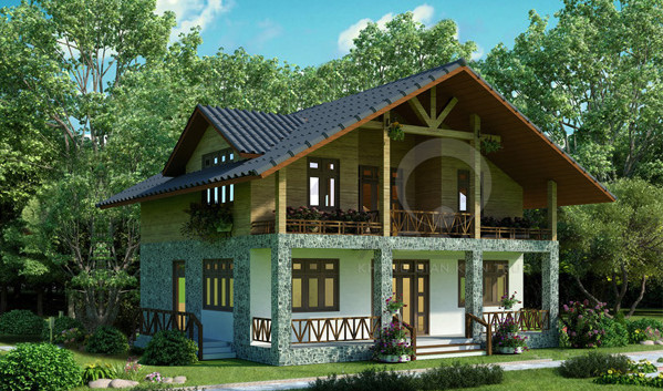 Nhà 2 tầng có thiết kế đẹp hài hòa với khung cảnh núi non. Ảnh: Aspace.