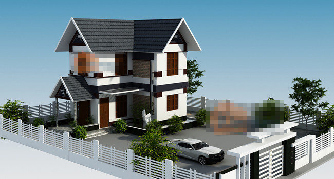 Công trình mang phong cách thiết kế nhà vườn hiện đại, nổi bật là hệ mái rộng, có độ dốc lớn. Màu sắc tương phản nổi bật tạo ấn tượng mạnh và vẻ cá tính riêng. Ảnh: Kientaoviet.