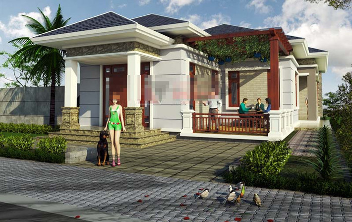 Biệt thự 1 tầng với hệ thống mái thái đồ sộ, độ dốc vừa phải, dáng mái xuôi 4 chiều đăng đối giúp tổng thể công trình cân đối hơn. Ảnh: Angcovat.