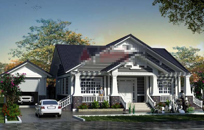 Khối mái thái màu đen sẫm sang trọng được thiết kế vừa đảm bảo công năng che nắng mưa vừa tăng tính thẩm mỹ cho biệt thự 1 tầng. Ảnh: Angcovat.