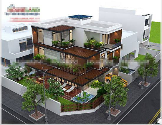 Mẫu biệt thự 3 tầng mái bằng được bao quanh bởi những tiểu cảnh sân vườn. Thiết kế khá đơn giản, và hiện đại nhưng mang lại sự tinh tế và tiện nghi trong quá trình sử dụng. Ảnh: Houseland.