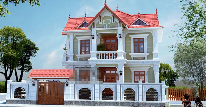 Gam màu trắng chủ đạo kết hợp mái ngói đỏ cùng màu trầm của khung cửa gỗ lim giúp căn nhà trở nền bề thế và sang trọng. Ảnh: Betaviet.