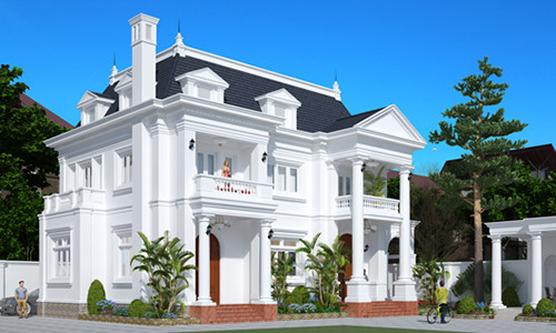 Biệt thự 2 tầng kiểu Pháp ấn tượng với gam màu trắng tinh khôi. Ảnh: Viphouse.