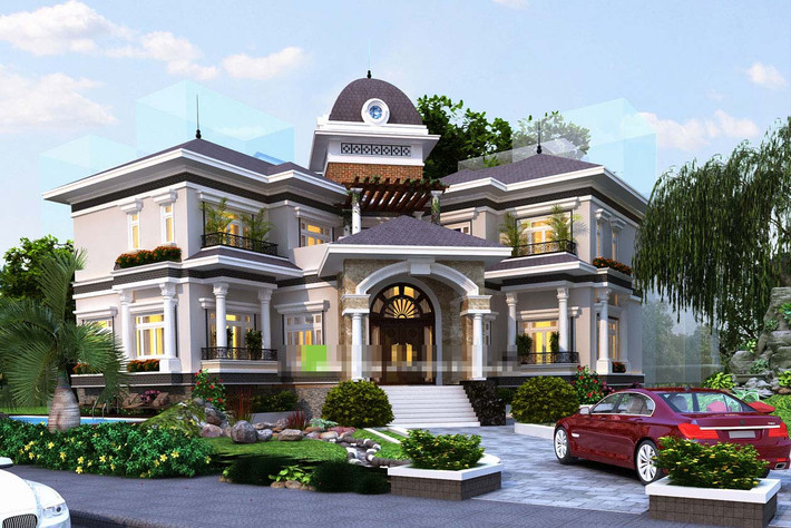 Biệt thự có sân vườn rộng, gara xe được tách biệt và không gian xanh thoáng mát. Ảnh: Bietthucodien.