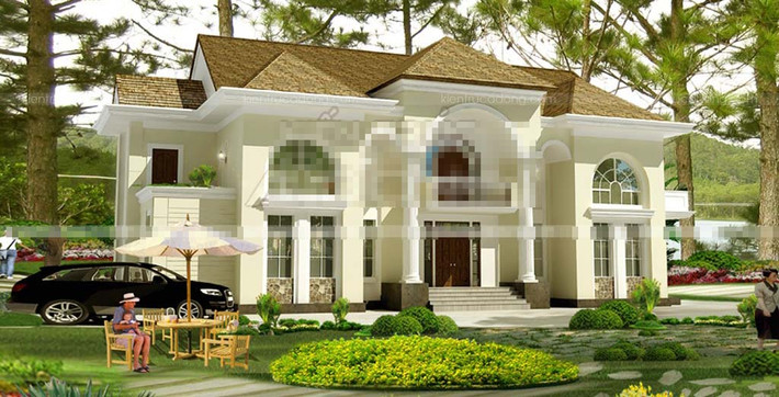 Trên khu đất gần 500m2, biệt thự 2 tầng phong cách cổ điển kết hợp mái thái có sân vườn rộng rãi tạo không gian xanh thoáng mát. Ảnh: Kientrucadong.