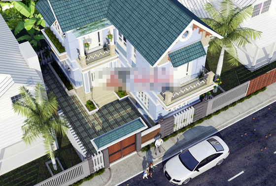 Thiết kế nhà 2 tầng chữ L mái thái với tông màu xanh đậm nổi bật. Ảnh: Angcovat.