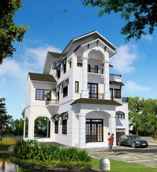 Mẫu nhà ống mái ngói 2 tầng đẹp trang nhã có sân rộng để ô tô trước nhà. Ảnh: Kientrucnhaviet.