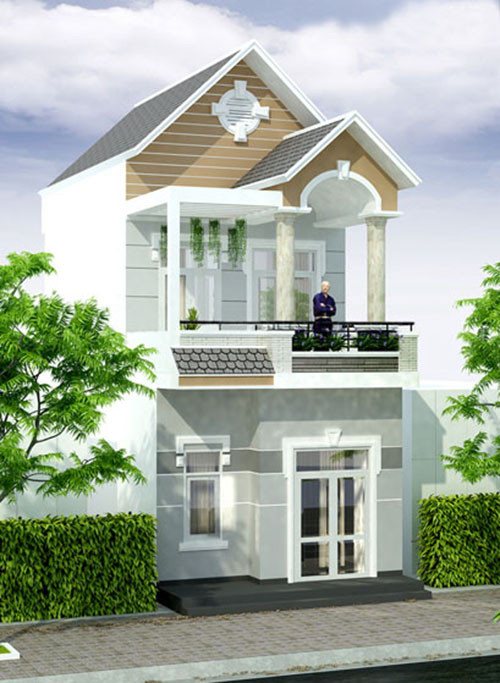 Nhà ống 2 tầng mặt tiền 5 mét. Tầng 1 là phòng khách, 1 phòng ngủ, phòng bếp, phòng ăn, vệ sinh chung. Tầng 2 gồm 2 phòng ngủ, phòng thờ, vệ sinh chung và sân thượng. Ảnh: Thietkenhadep247.