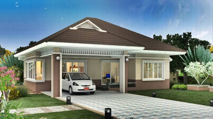 Thiết kế biệt thự vườn mini trệt mái thái có lối ra vườn sau bằng cửa phụ, sân trước có gara ngoài rộng thoáng. Ảnh: Internet.