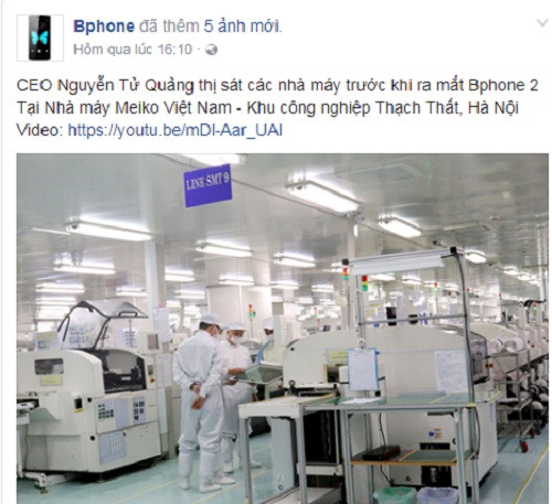 Vừa qua, trên fanpage chính thức của BPhone xuất hiện hình ảnh CEO Nguyễn Tử Quảng của Bkav tham gia thị sát nhà máy sản xuất BPhone 2. Ảnh: Facebook.