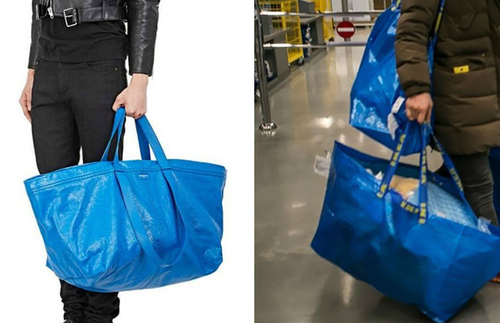 Tháng 4 năm nay, thương hiệu cao cấp Balenciaga nhận không ít “gạch đá” khi ra mắt mẫu túi trị giá gần 50 triệu nhưng lại có hình dáng, màu sắc giống hệt túi nhựa Fraka giá 22 ngàn đồng của IKEA. Ảnh: Boredpanda.