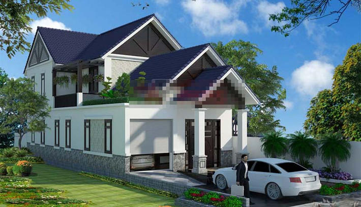 Nhà cấp 4 có gác lửng được đánh giá cao bởi hình khối và tỷ lệ kiến trúc. Các chi tiết đá ốp chân cột và phía đầu hồi mái tạo điểm nhấn cho không gian ngoại thất. Ảnh: Angcovat.