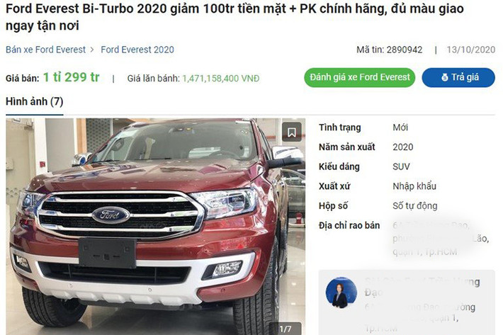 Theo khảo sát, một đại lý Ford tại TP. HCM hiện đang giảm giá Ford Everest 2020 bản Titanium 2.0L AT 4WD với mức niêm yết hiện còn 1,299 tỷ đồng, tức giảm 100 triệu đồng so với giá niêm yết, đồng thời tặng 80 triệu đồng phụ kiện chính hãng.