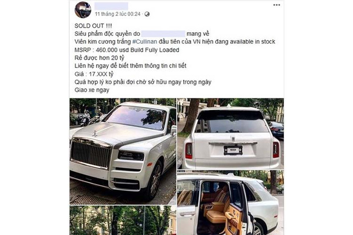 Thông tin từ một người chuyên nhập khẩu xe sang và siêu xe tại Hà Nội cho hay, chiếc SUV siêu sang Rolls-Royce Cullinan đầu tiên về Việt Nam được rao bán lại với mức giá hơn 17 tỷ đồng. Thú vị là đơn vị nhập khẩu này cho biết mức giá trên rẻ hơn 20 tỷ đồng nếu đặt mua xe và còn phải tốn thời gian chờ đợi.