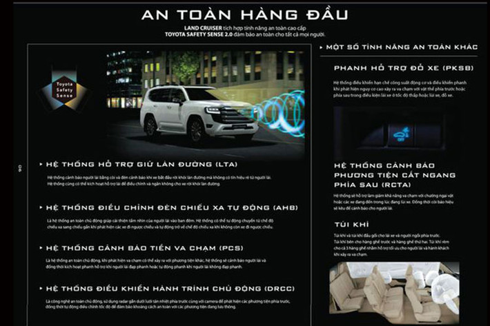 Toyota Land Cruiser thế hệ mới được cải tiến toàn bộ hệ thống khung gầm, bổ sung trang bị an toàn Toyota Safety Sense, khối động cơ mạnh mẽ 3.5 V6 Turbo và hộp số tự động 10 cấp. Kích thước tổng thể của xe với chiều dài x chiều rộng x chiều cao là 4.965 x 1.980 x 1.945 mm.